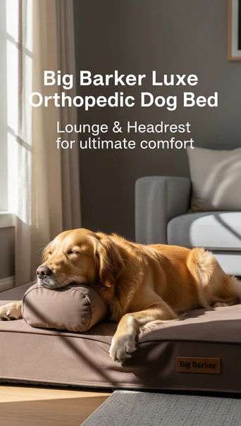 Big Barker Luxe Orthopedic Dog Lounge - Large Dog Bed with Headrest & Washable Cover - 10-Year Warranty