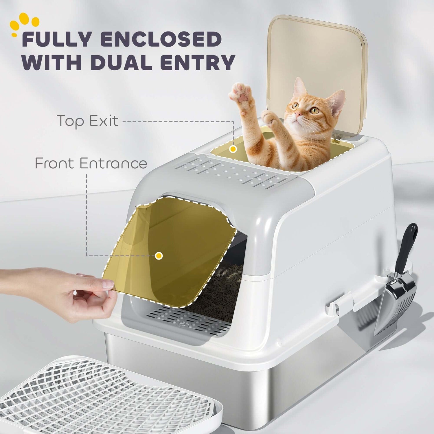 Extra Large Stainless Steel Litter Box, Enclosed Cat Litter Box with Scoop, Deodorizer Bag, Sand Drop Pedal - Zenvra
