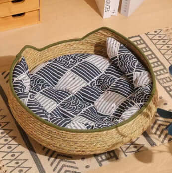 Zenvra rattan cat scratching board with a cozy pet nest bed, featuring woven rattan design and soft interior for feline comfort.
