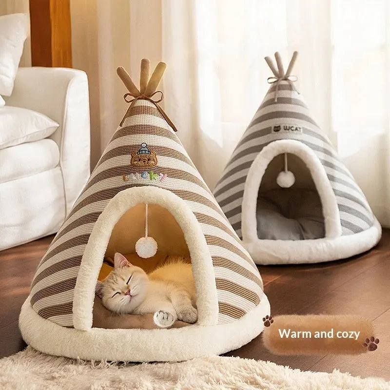 Zenvra warm round knitted Santa pet bed for winter, cozy and festive for small pets, featuring red and white Santa design.