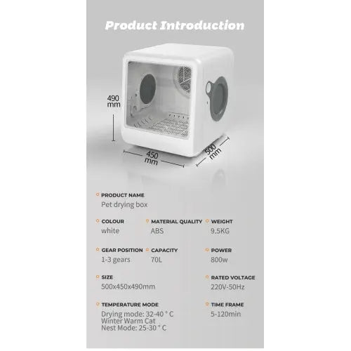 Zenvra smart pet dryer box with quiet temperature control, designed for comfortable drying of small pets in a modern pet care room.