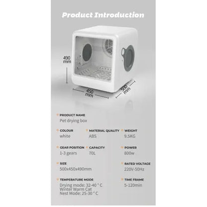 Zenvra smart pet dryer box with quiet temperature control, designed for comfortable drying of small pets in a modern pet care room.