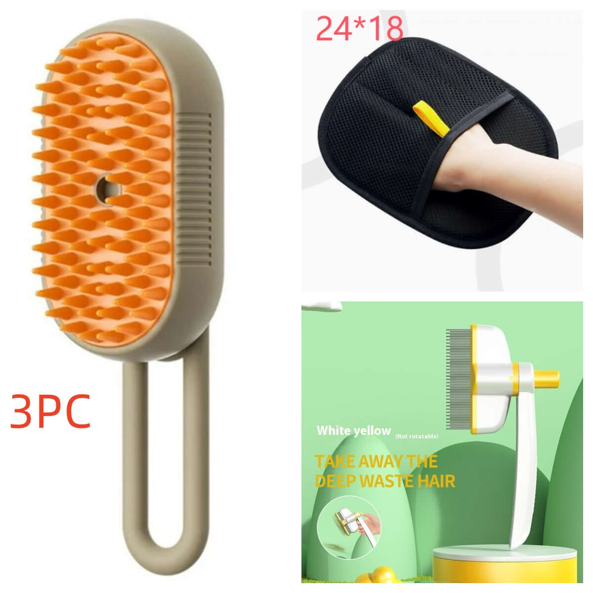 Zenvra electric steam pet grooming brush with hair removal comb, showing the sleek handle and cleaning teeth for easy pet hair removal.