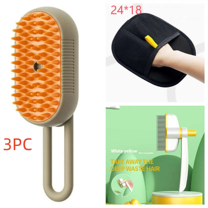 Zenvra electric steam pet grooming brush with hair removal comb, showing the sleek handle and cleaning teeth for easy pet hair removal.
