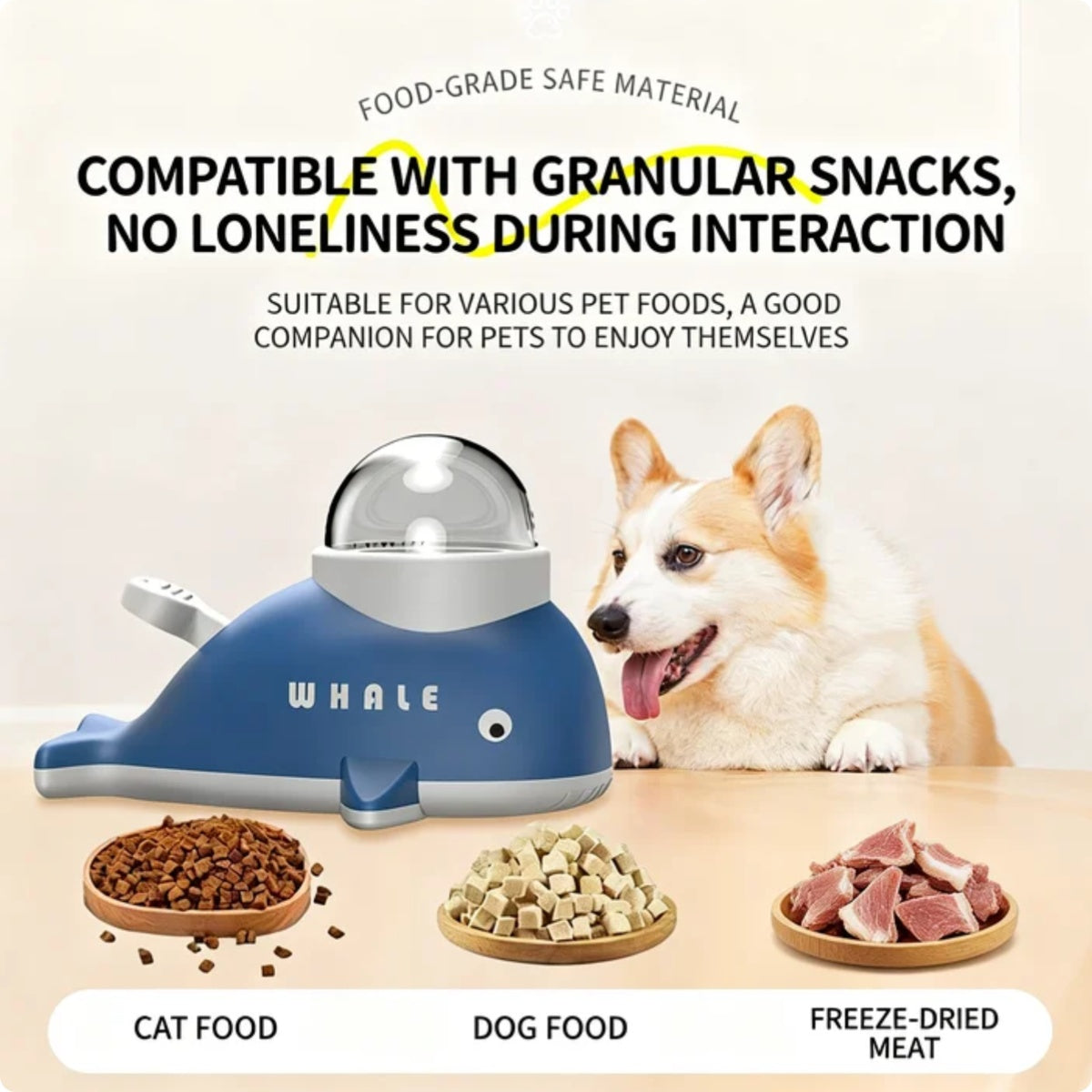 Whale-shaped interactive pet treat dispensing toy by Zenvra with textured surface and openings for hiding treats.