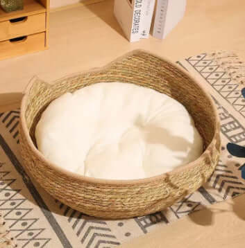Zenvra rattan cat scratching board with a cozy pet nest bed, featuring a natural woven design and soft interior for comfort.