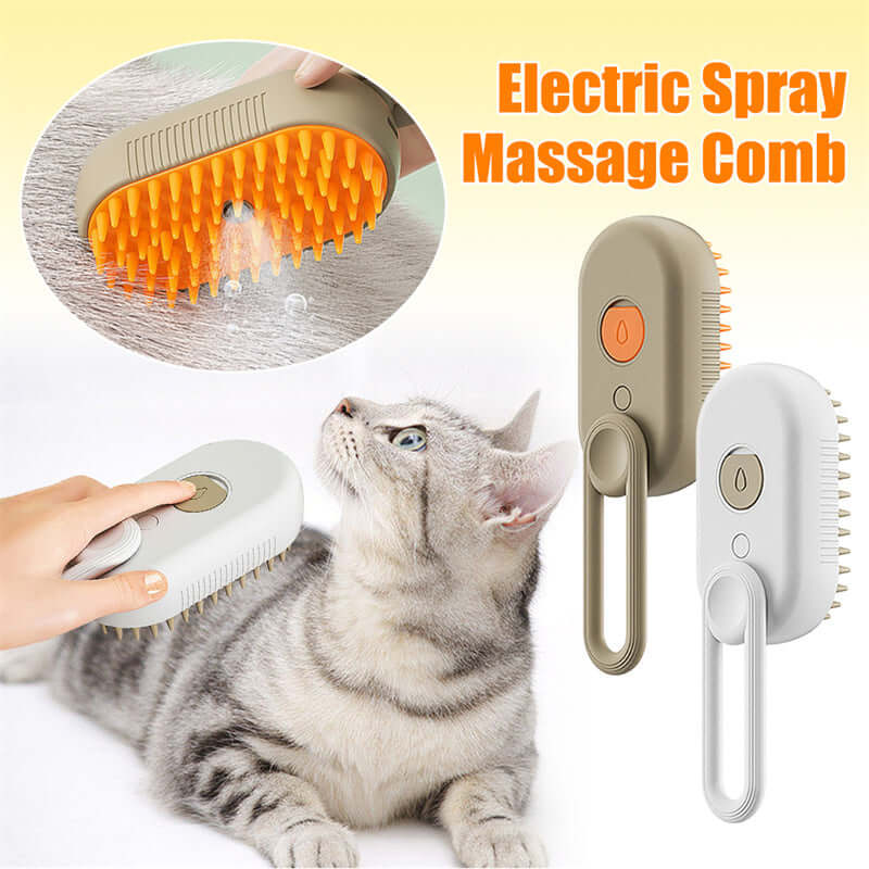 Zenvra electric steam pet grooming brush with hair removal comb showing steam function and ergonomic design for easy pet hair cleaning.
