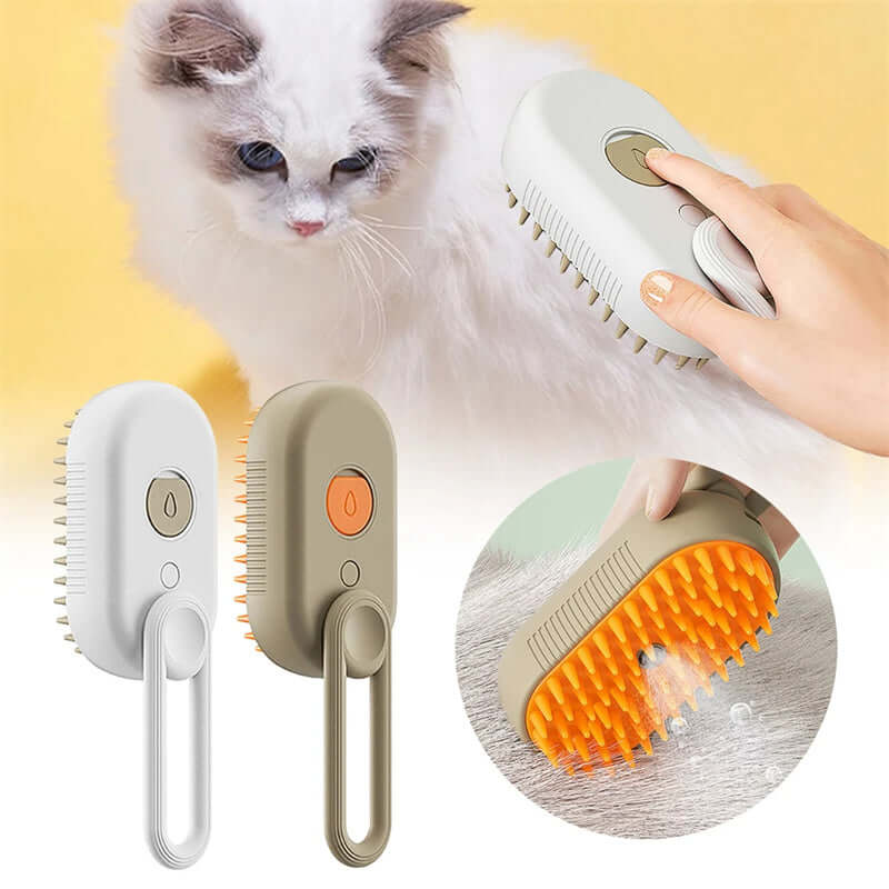 Zenvra electric steam pet grooming brush with comb and hair removal features, showing the sleek design and cleaning bristles.
