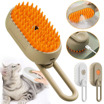 Zenvra electric steam pet grooming brush with hair removal comb, showing the sleek design and bristle head for efficient pet grooming.