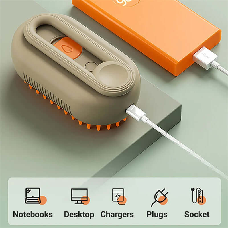 Zenvra electric steam pet grooming brush with hair removal comb, showing the sleek design and functional features in use.