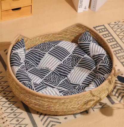 Rattan pet nest bed with scratching board, comfortable cat scratching and resting place by Zenvra, featuring woven rattan design.