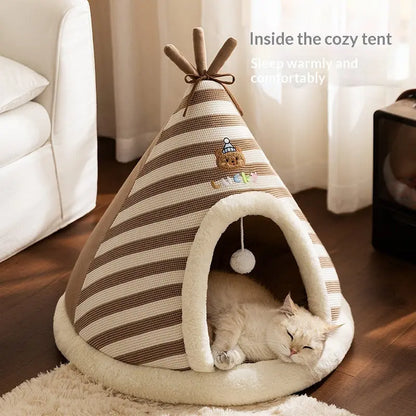 Zenvra warm round knitted Santa pet bed with cozy winter design, featuring plush interior and festive red and white Santa pattern.