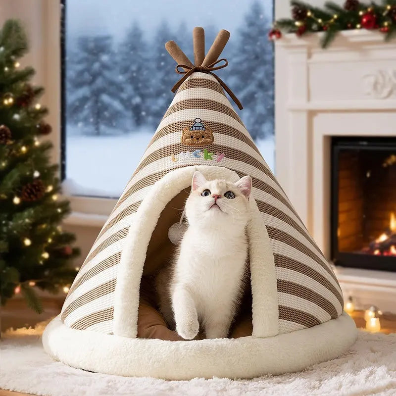 Zenvra warm round knitted Santa pet bed for winter, cozy and festive with a red and white Santa design, suitable for small pets.
