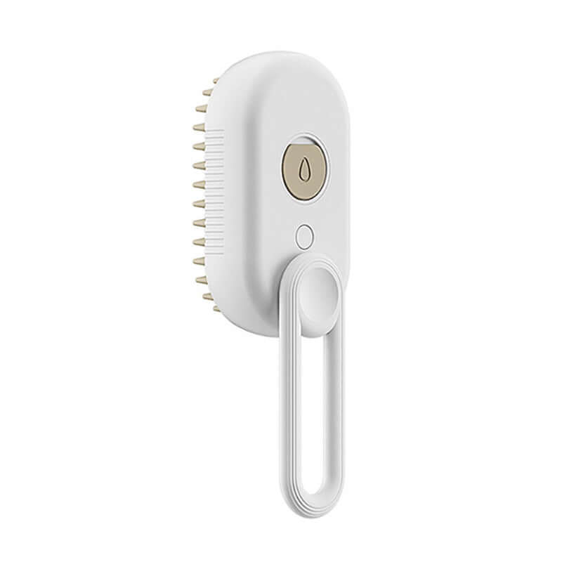 Zenvra electric steam pet grooming brush with hair removal comb showing a close-up of the handheld device and bristle head.
