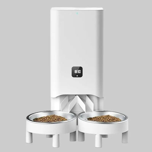 Zenvra smart automatic pet feeder with timed portion control, featuring digital display and food dispensing tray for pets.