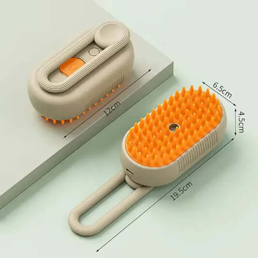 Zenvra electric steam pet grooming brush with hair removal comb, showing the handheld device and grooming bristles in use