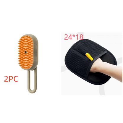 Zenvra electric steam pet grooming brush with hair removal comb, showing the device and stainless steel bristles for pets.