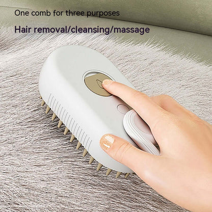 Zenvra electric steam pet grooming brush with hair removal comb showing a close-up of the device and bristles for pet hair removal.