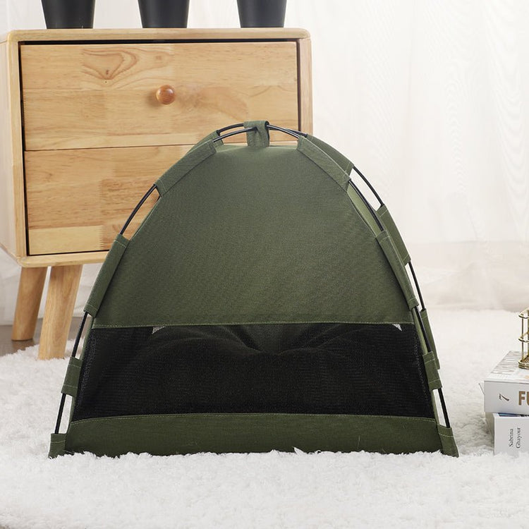 Cat cooling mat for pets in green color, designed as a tent-style bed for indoor use, perfect for cozy pet naps.