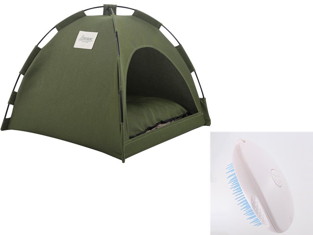 Cat Tent Cooling Mat for pets next to a grooming brush, perfect for indoor and outdoor use.