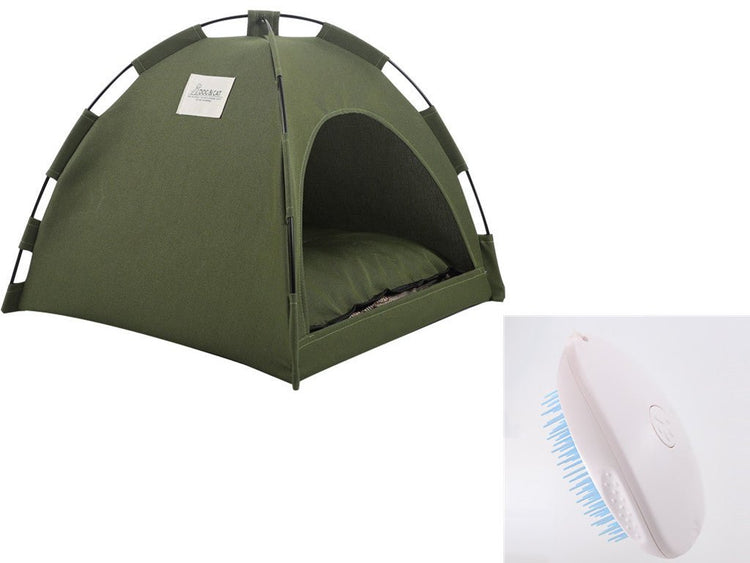 Cat Tent Cooling Mat for pets next to a grooming brush, perfect for indoor and outdoor use.
