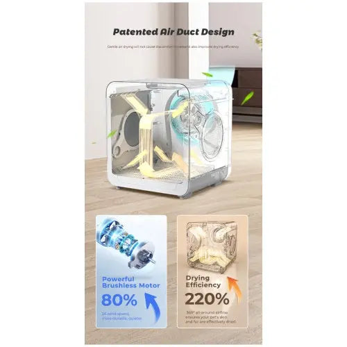 Zenvra smart pet dryer box with quiet temperature control, designed for gentle drying of pets in a safe, enclosed room.