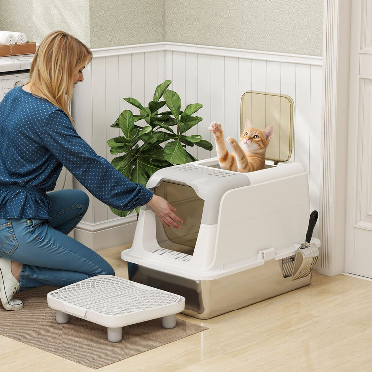 Extra Large Stainless Steel Litter Box, Enclosed Cat Litter Box with Scoop, Deodorizer Bag, Sand Drop Pedal - Zenvra