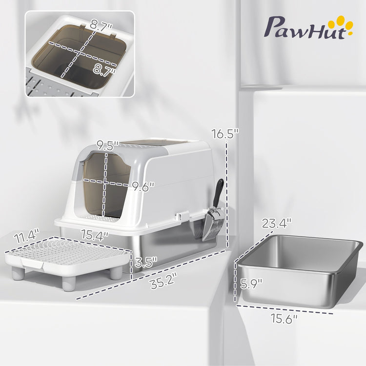 Extra Large Stainless Steel Litter Box, Enclosed Cat Litter Box with Scoop, Deodorizer Bag, Sand Drop Pedal - Zenvra