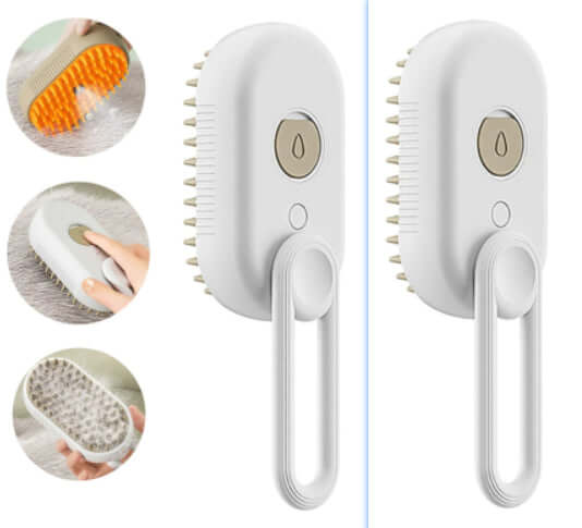 Zenvra electric steam pet grooming brush with hair removal comb, showing the sleek device used for pet hair grooming and cleaning.