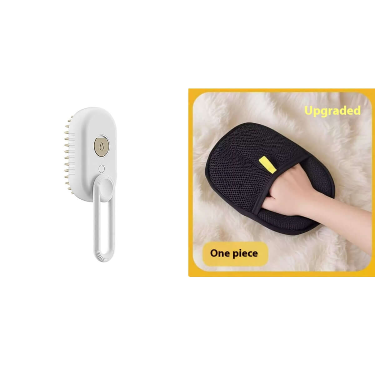 Zenvra electric steam pet grooming brush with hair removal comb, showing the sleek design and bristle surface for pet hair removal.