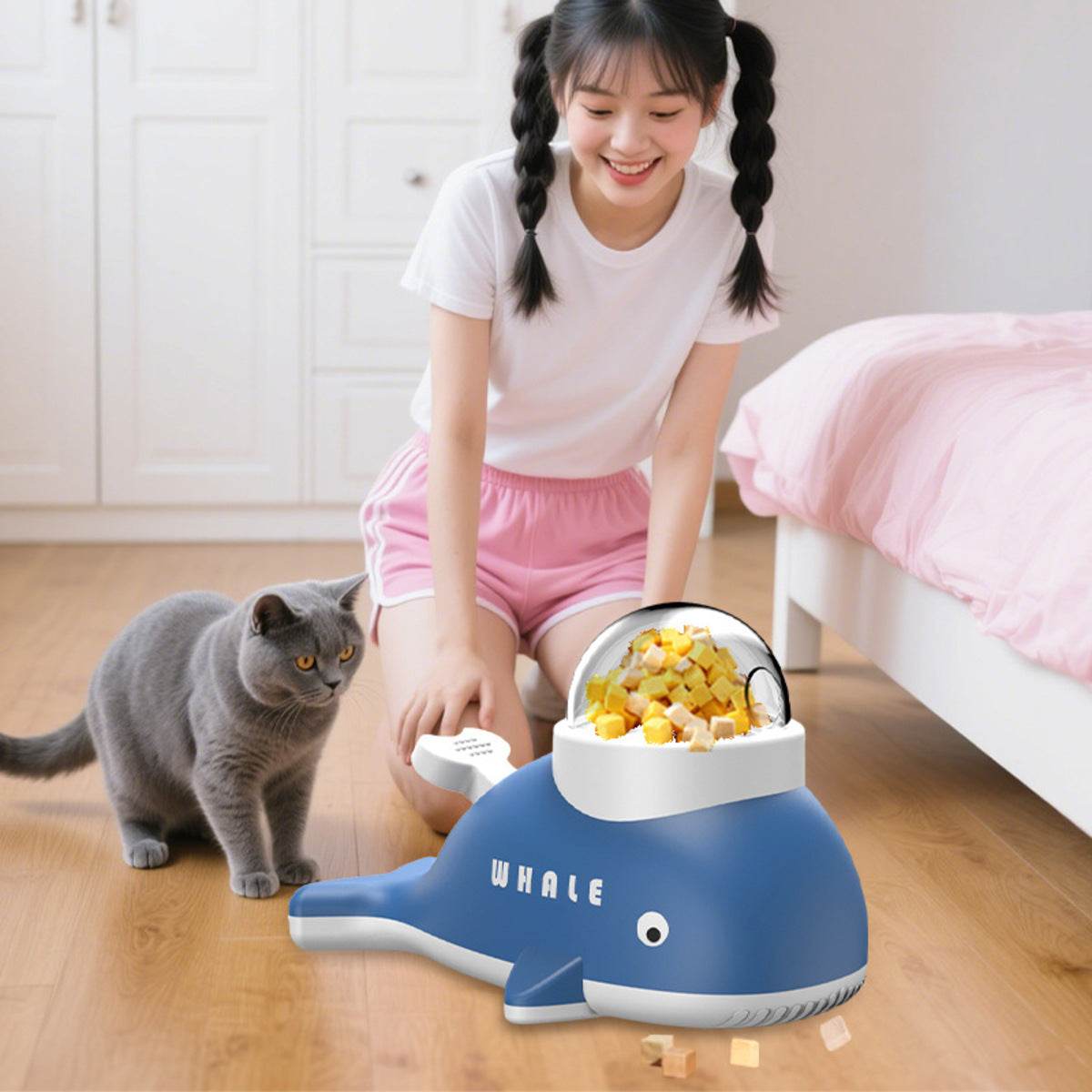 Whale-shaped Zenvra interactive pet treat dispensing toy with a blue and white design, designed for dogs or cats.