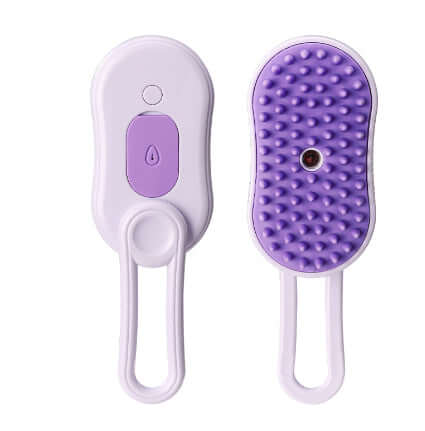 Zenvra electric steam pet grooming brush with hair removal comb, showing the sleek design and cleaning bristles for pets.