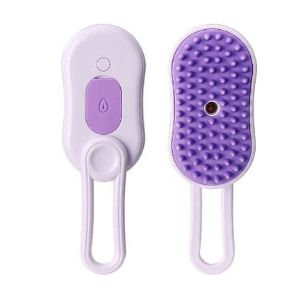 Zenvra electric steam pet grooming brush with hair removal comb, showing the sleek design and cleaning bristles for pets.