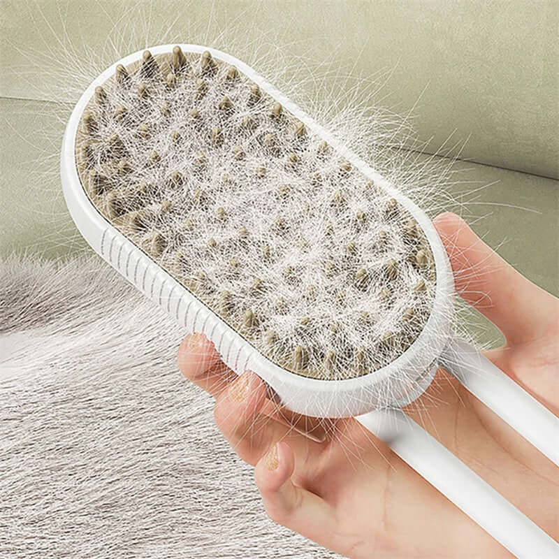 Zenvra electric steam pet grooming brush with hair removal comb and ergonomic handle, ready for grooming pets.