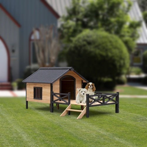 Outdoor Large Cabin Style Wooden Kennel With Porch - Zenvra
